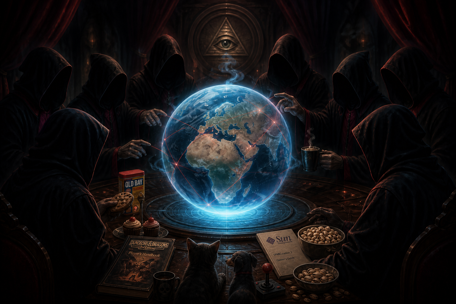 Hooded figures controlling a glowing globe of Earth